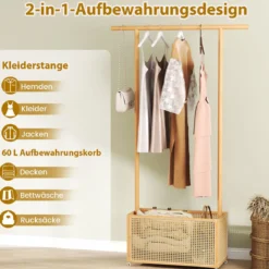 Bambus-Kleiderständer Garderobenständer mit Rattan-Aufbewahrungskorb & Rollen Natur