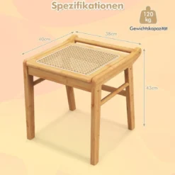 Bambus Kosmetikhocker mit Rattan-Oberfläche & rutschfesten Fußpads stabiler Hocker mit Verstärkungsstange