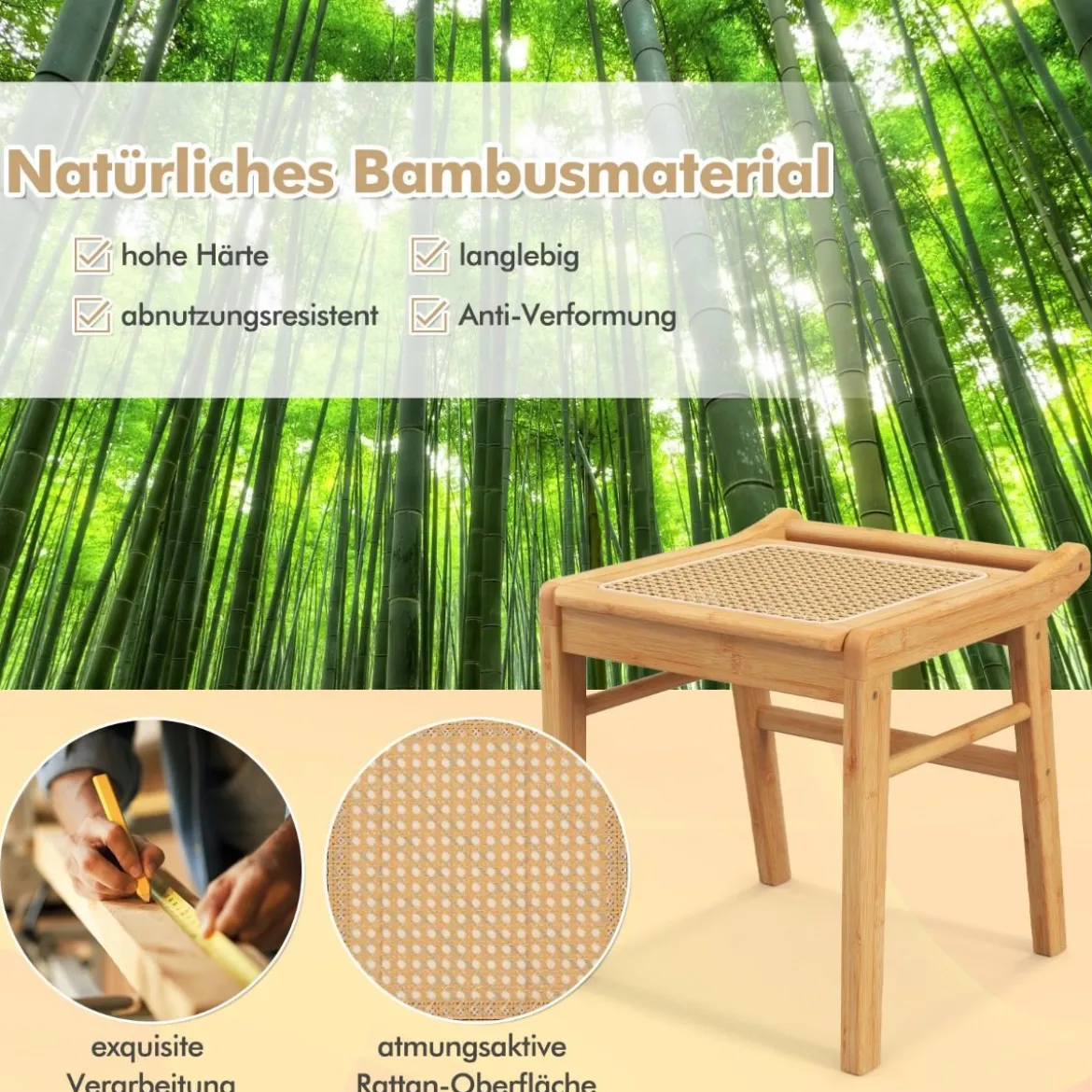 Bambus Kosmetikhocker mit Rattan-Oberfläche & rutschfesten Fußpads stabiler Hocker mit Verstärkungsstange