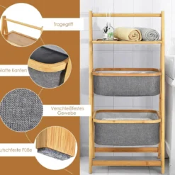 Bambus Leiteregal mit 2 Körben & A-förmigem Rahmen Wäscheregal 44 x 34 x 98 cm Grau