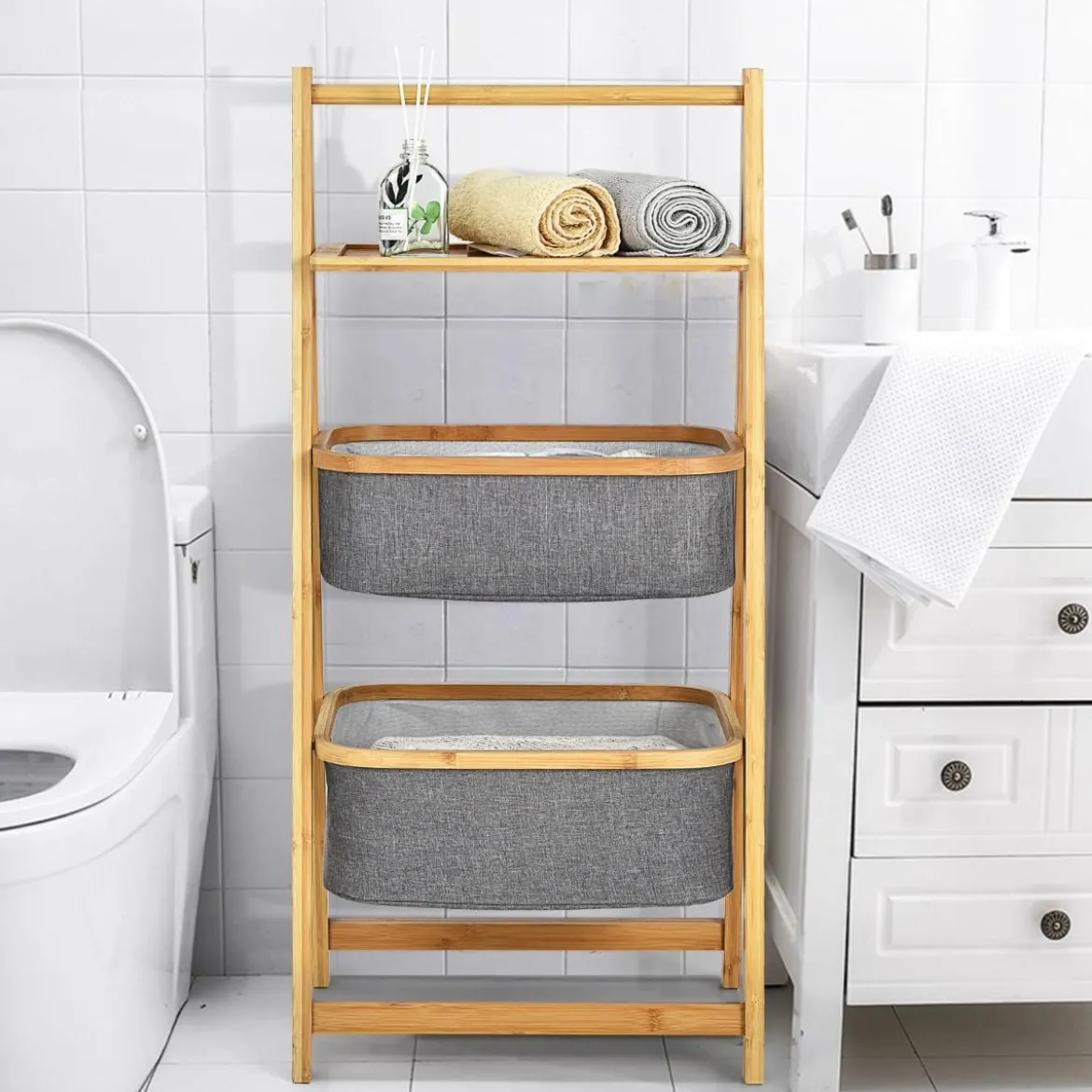 Bambus Leiteregal mit 2 Körben & A-förmigem Rahmen Wäscheregal 44 x 34 x 98 cm Grau