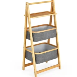 Bambus Leiteregal mit 2 Körben & A-förmigem Rahmen Wäscheregal 44 x 34 x 98 cm Grau