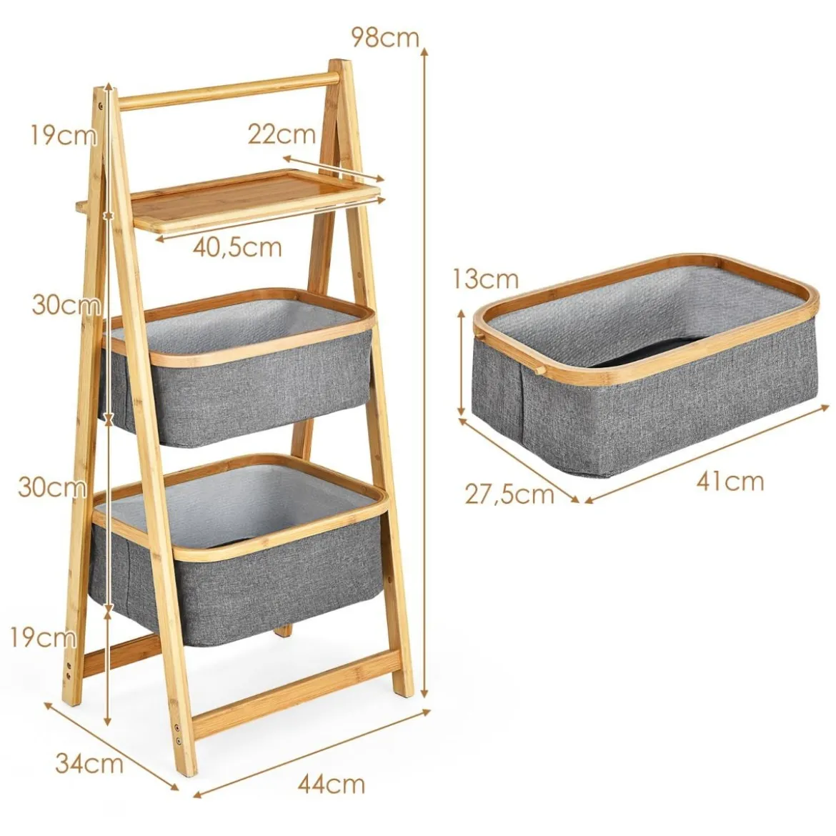 Bambus Leiteregal mit 2 Körben & A-förmigem Rahmen Wäscheregal 44 x 34 x 98 cm Grau