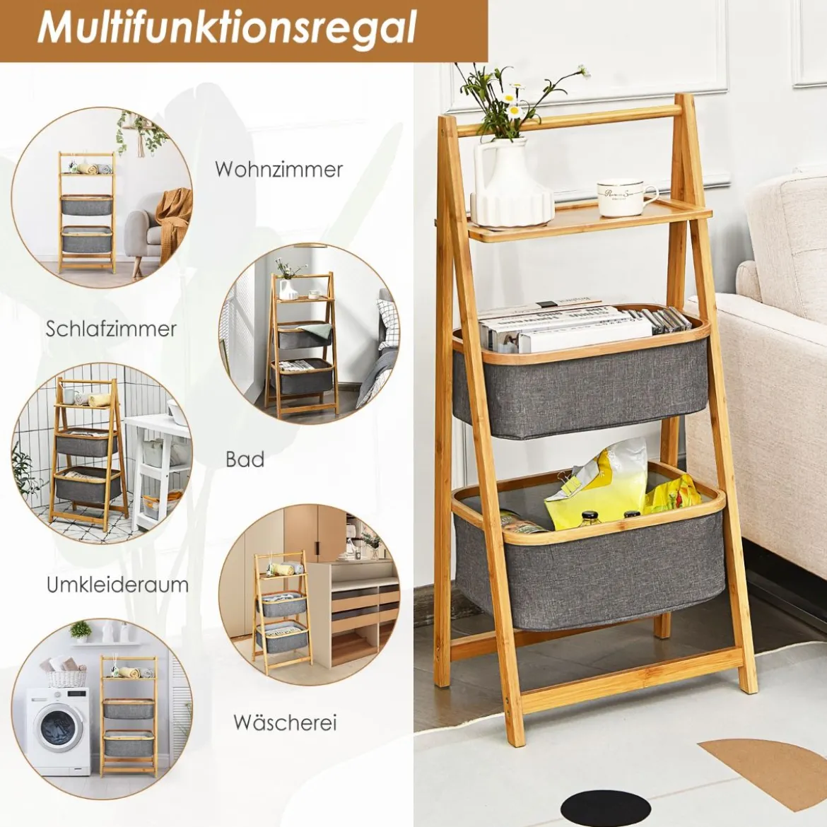 Bambus Leiteregal mit 2 Körben & A-förmigem Rahmen Wäscheregal 44 x 34 x 98 cm Grau