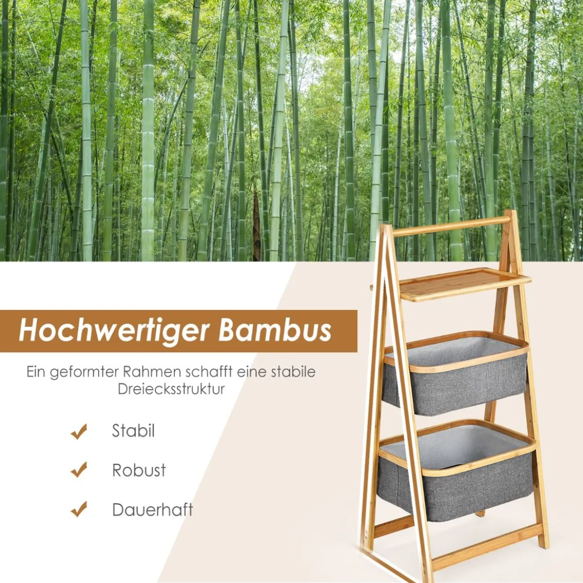 Bambus Leiteregal mit 2 Körben & A-förmigem Rahmen Wäscheregal 44 x 34 x 98 cm Grau