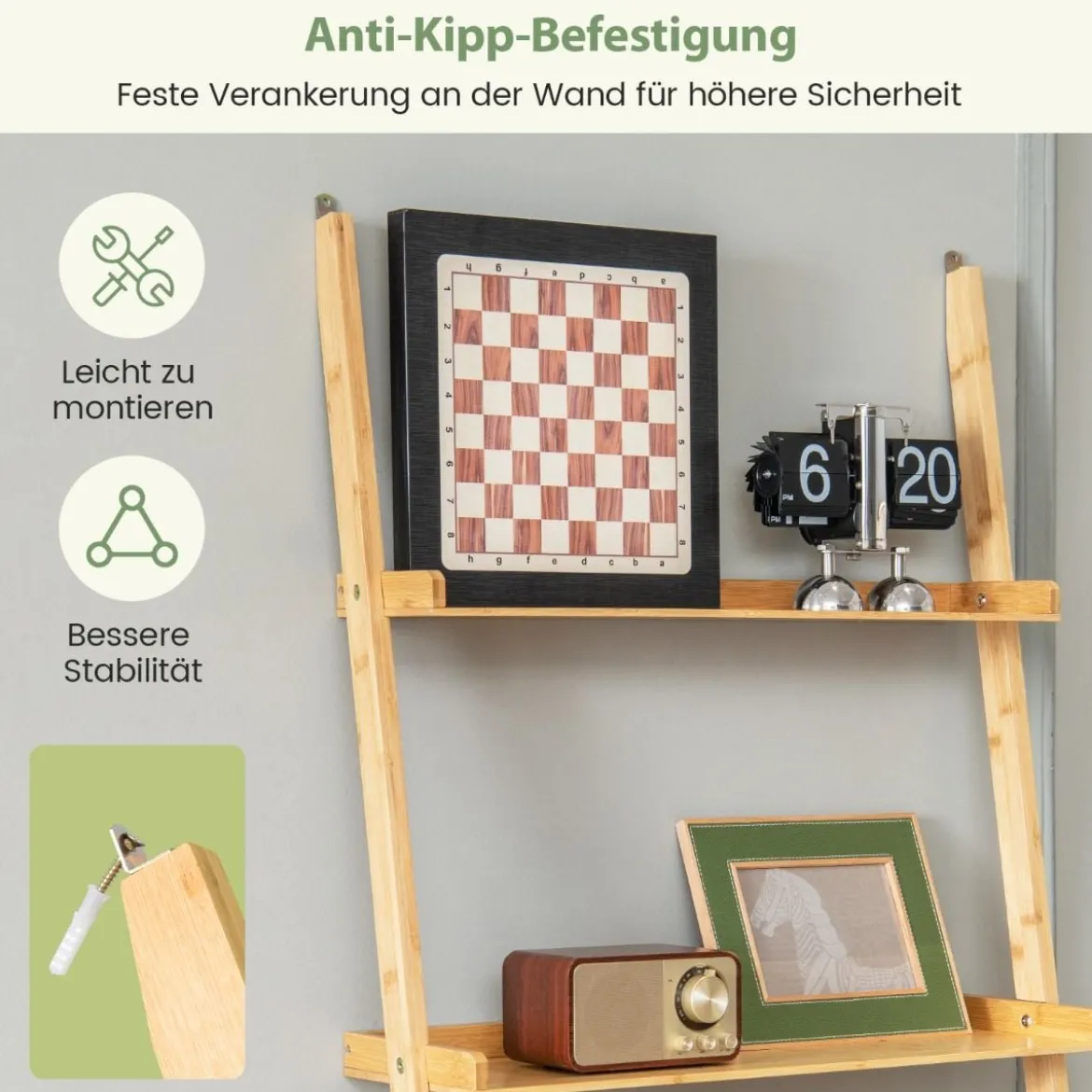 Bambus Leiterregal mit 5 Ebenen & Kippsicherung Standregal Küchenregal 65 x 36 x 183 cm Natur