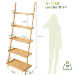 Bambus Leiterregal mit 5 Ebenen & Kippsicherung Standregal Küchenregal 65 x 36 x 183 cm Natur