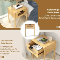Bambus Nachttisch mit Schublade aus Gehärtetem Glas Nachtschrank Beistelltisch Natur