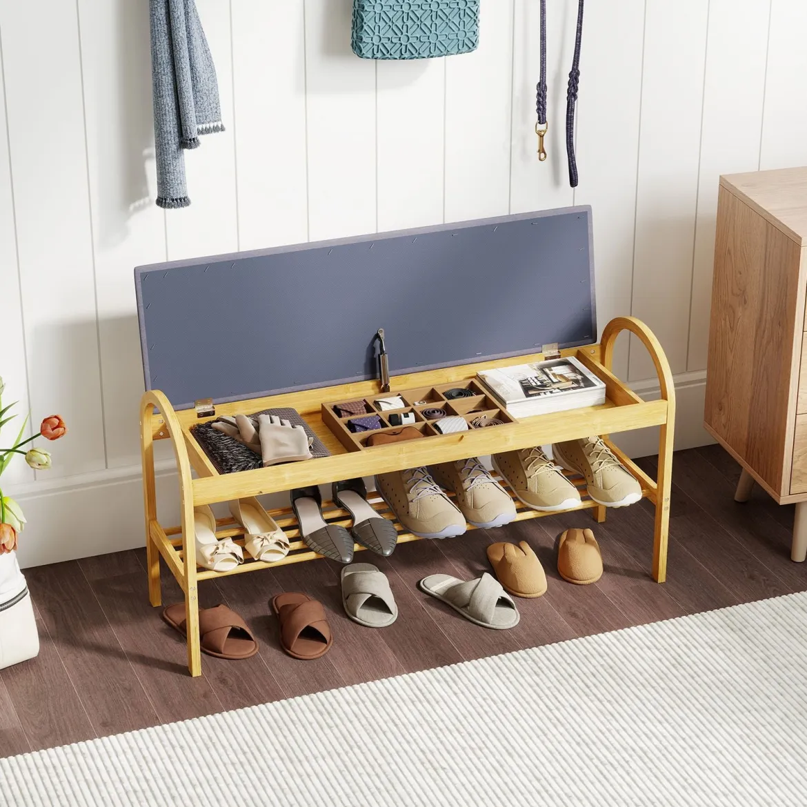 Bambus-Schuhbank Flurbank mit gepolstertem Klappdeckel verstecktem Stauraum & Schuhregal Grau