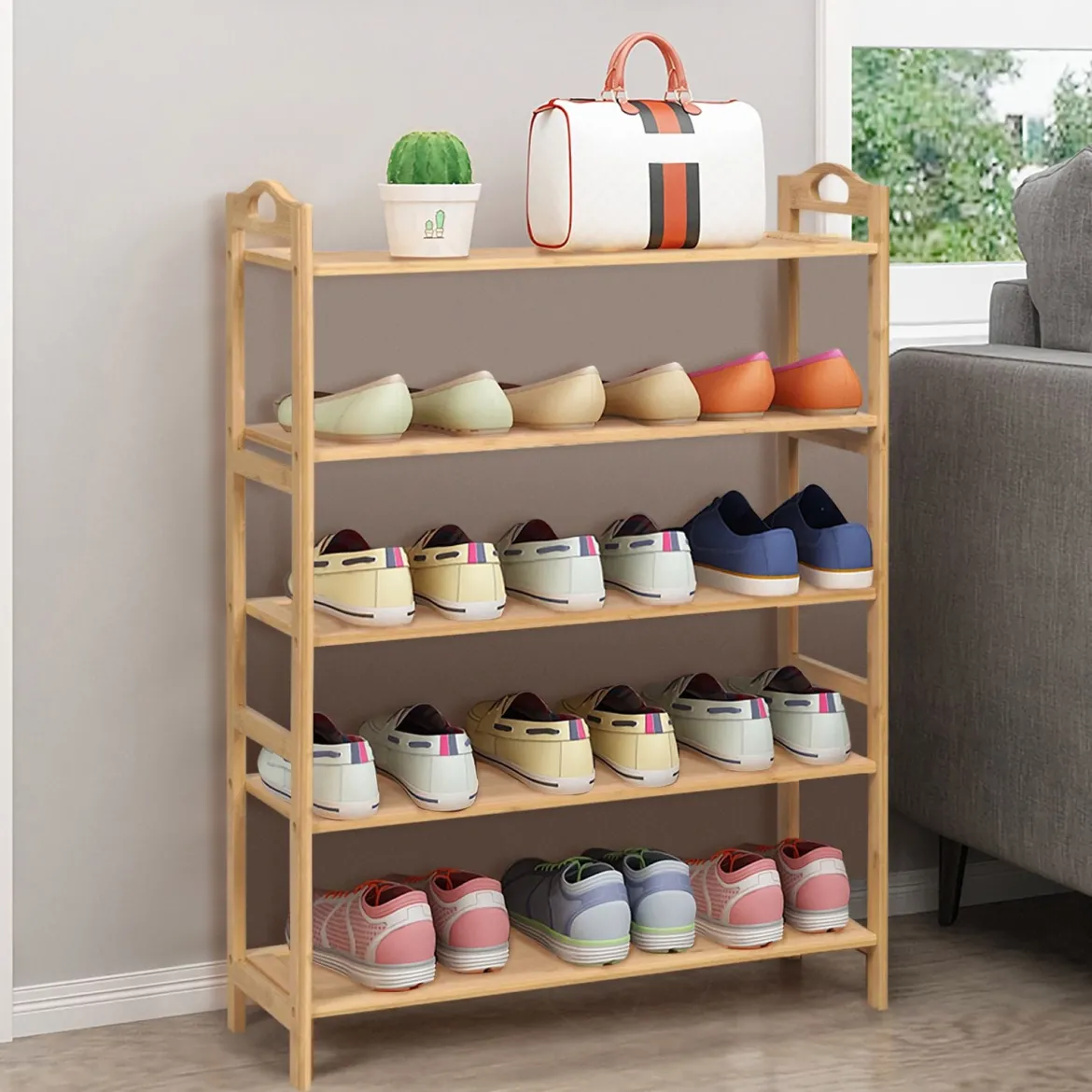 Bambus Schuhregal mit 5 Ebenen Schuhablage für 15 Paar Schuhe Schuhständer Schuh-Organizer