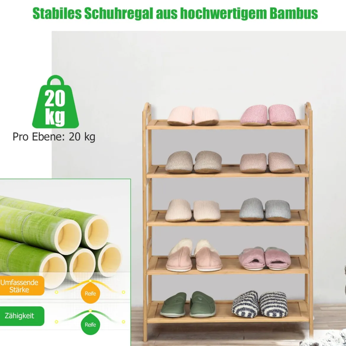 Bambus Schuhregal mit 5 Ebenen Schuhablage für 15 Paar Schuhe Schuhständer Schuh-Organizer
