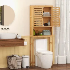 Bambus Toilettenschrank mit 2 Lamellentüren & Offenem Regal & Verstellbaren Querbalken