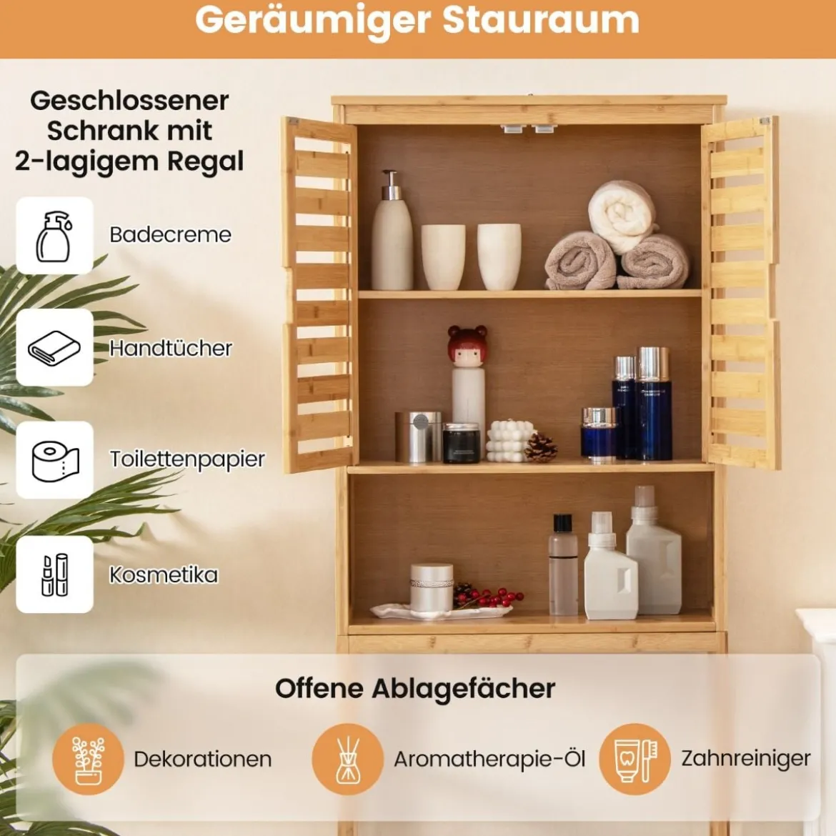 Bambus Toilettenschrank mit 2 Lamellentüren & Offenem Regal & Verstellbaren Querbalken