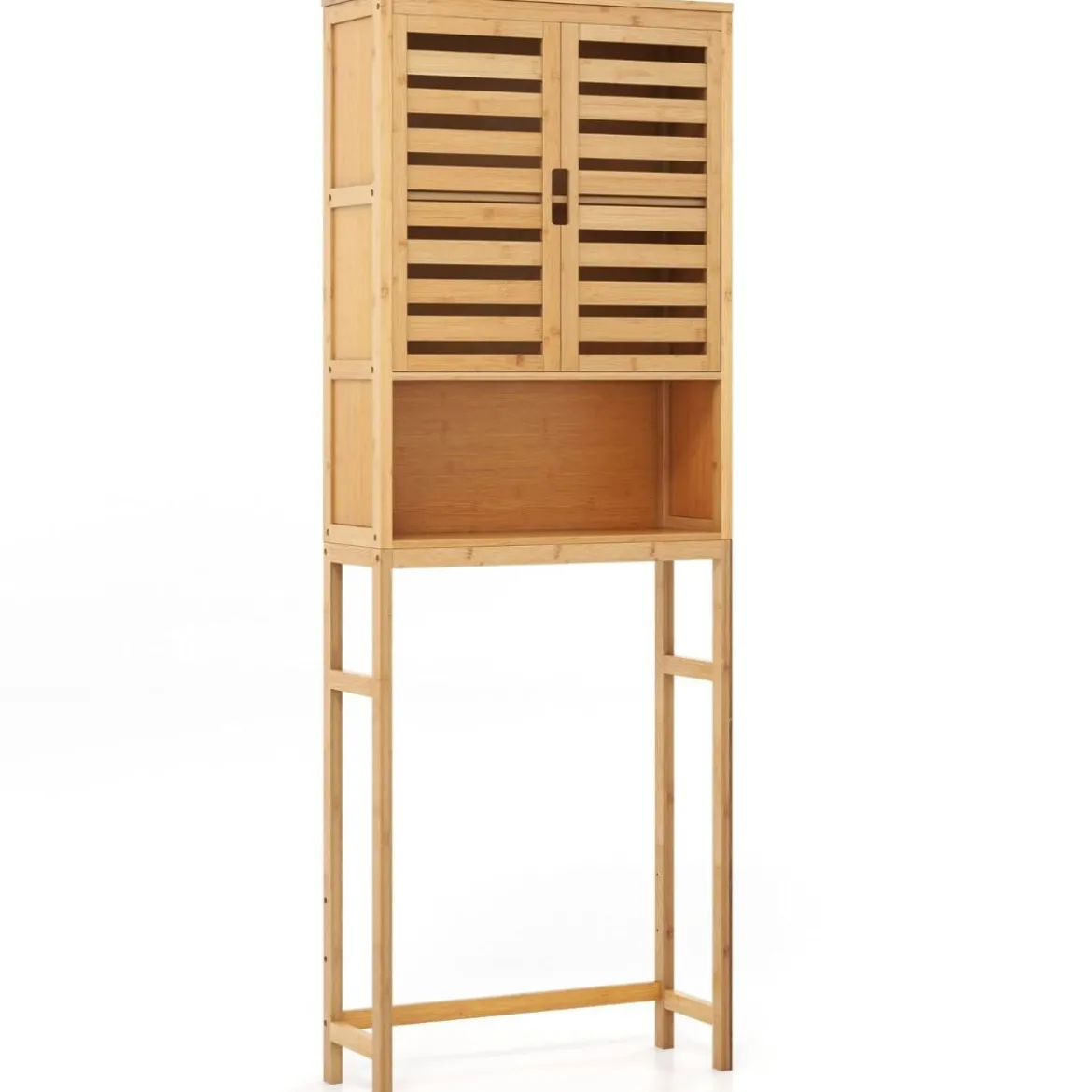 Bambus Toilettenschrank mit 2 Lamellentüren & Offenem Regal & Verstellbaren Querbalken