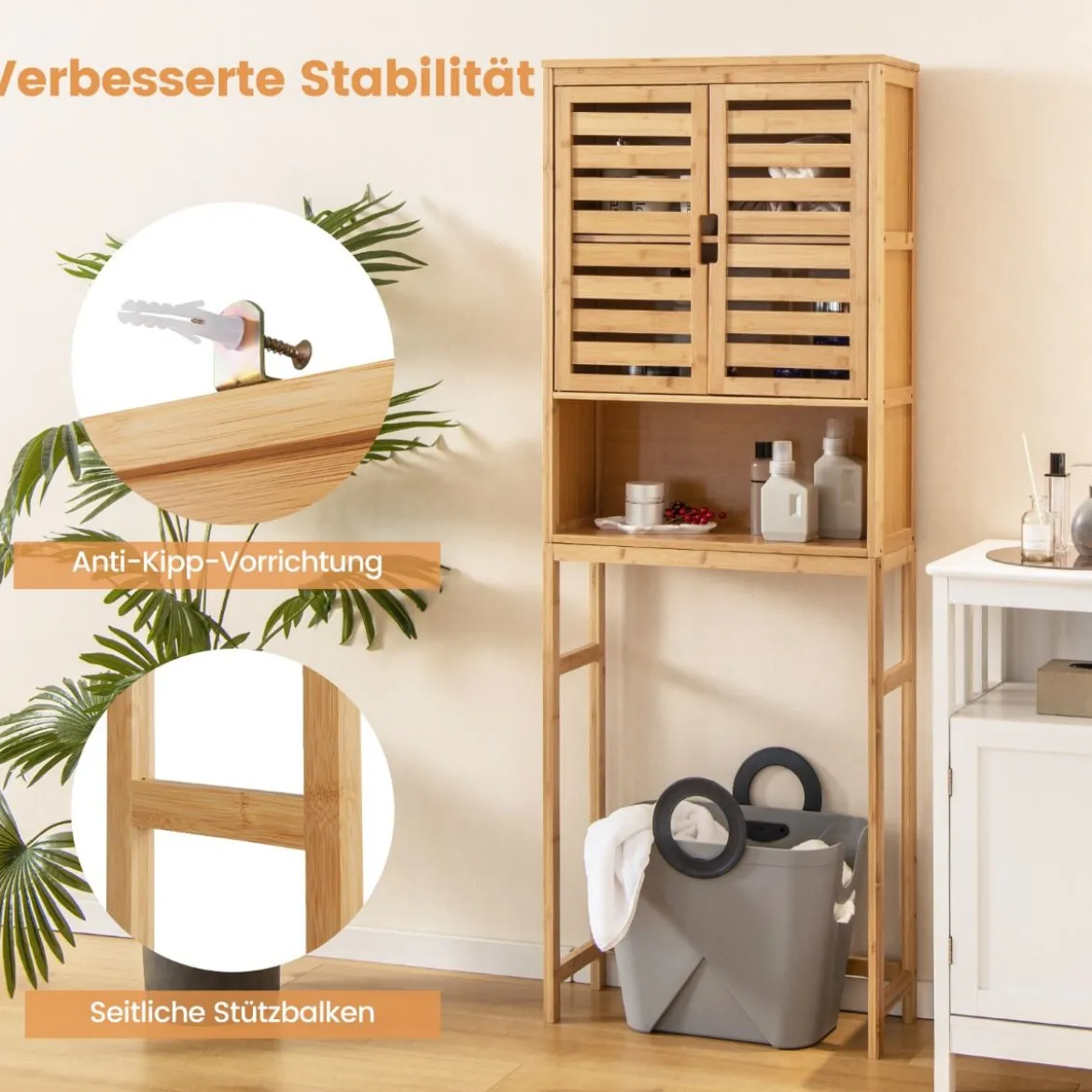 Bambus Toilettenschrank mit 2 Lamellentüren & Offenem Regal & Verstellbaren Querbalken