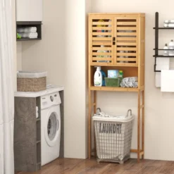 Bambus Toilettenschrank mit 2 Lamellentüren & Offenem Regal & Verstellbaren Querbalken
