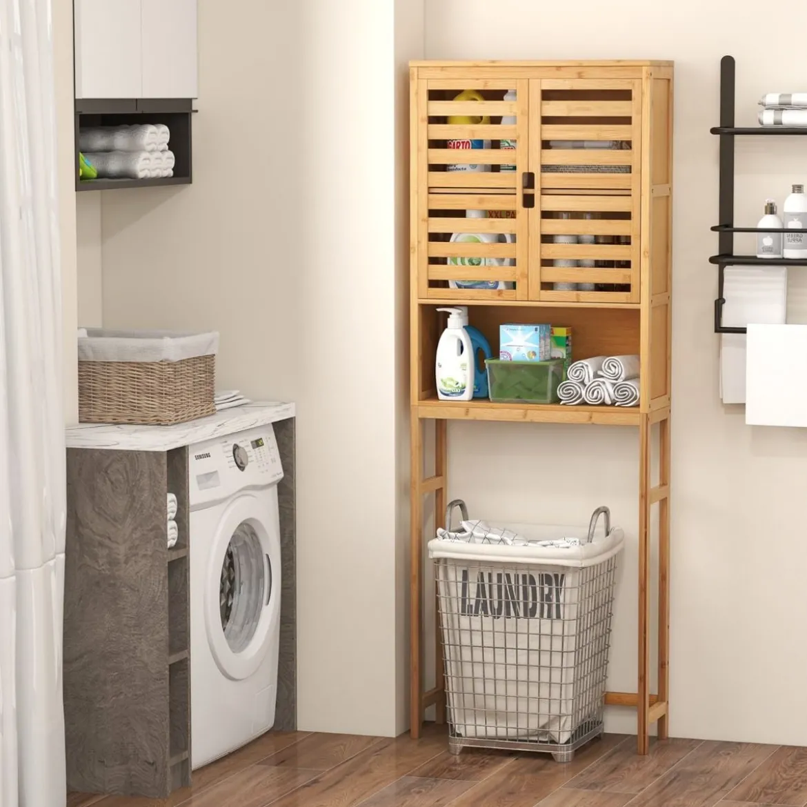 Bambus Toilettenschrank mit 2 Lamellentüren & Offenem Regal & Verstellbaren Querbalken