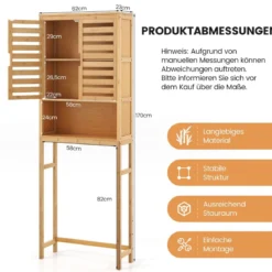 Bambus Toilettenschrank mit 2 Lamellentüren & Offenem Regal & Verstellbaren Querbalken