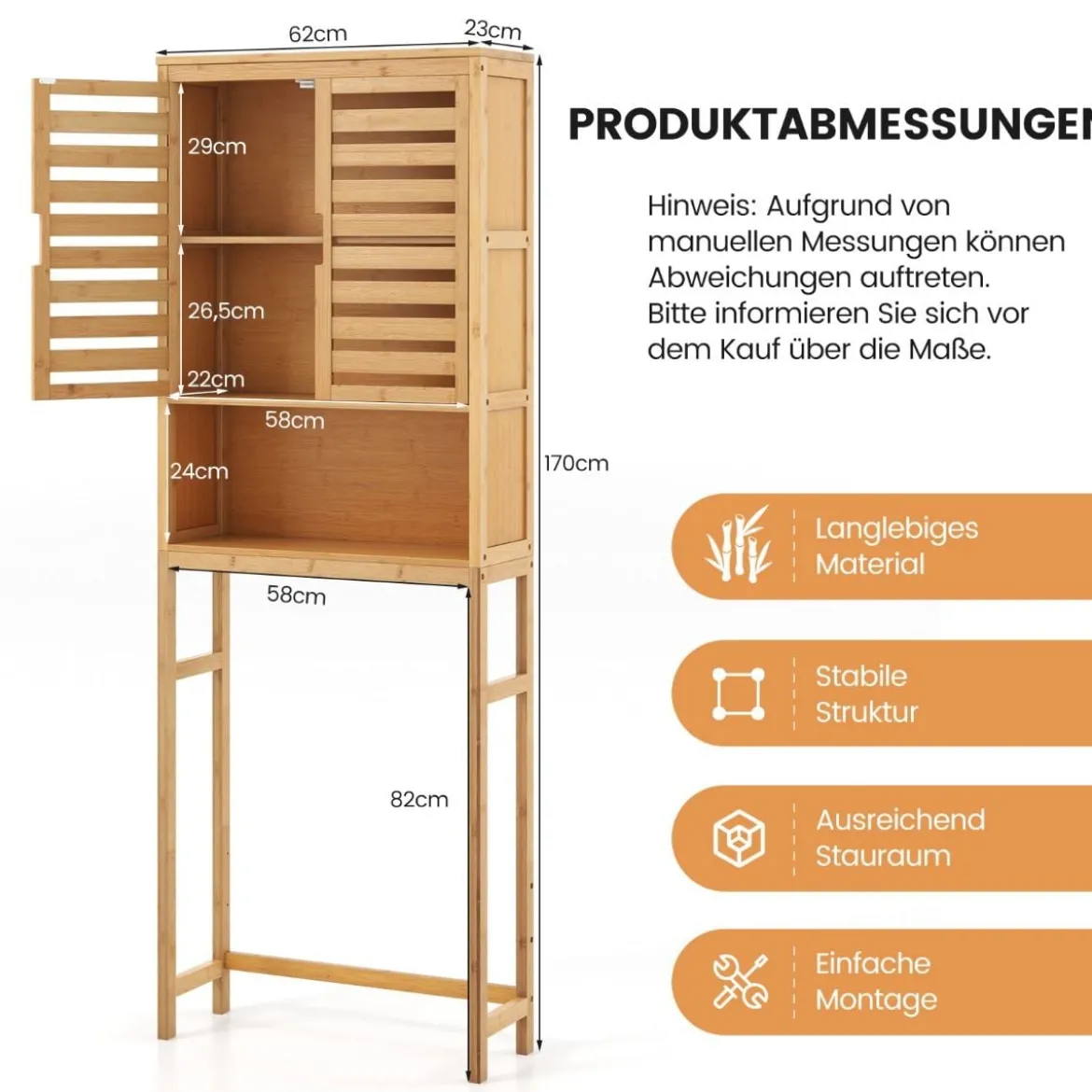 Bambus Toilettenschrank mit 2 Lamellentüren & Offenem Regal & Verstellbaren Querbalken