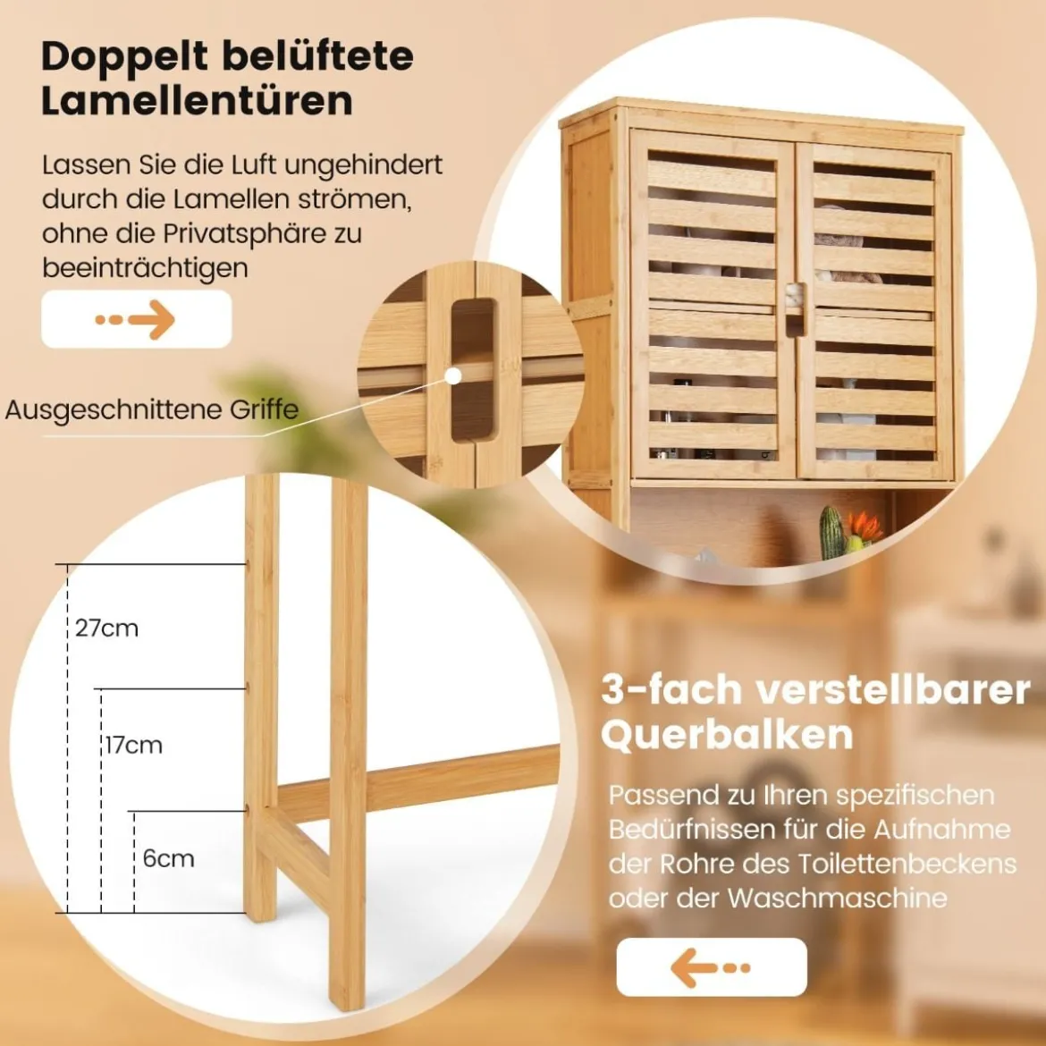 Bambus Toilettenschrank mit 2 Lamellentüren & Offenem Regal & Verstellbaren Querbalken