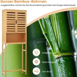 Bambus Toilettenschrank mit 2 Lamellentüren & Offenem Regal & Verstellbaren Querbalken