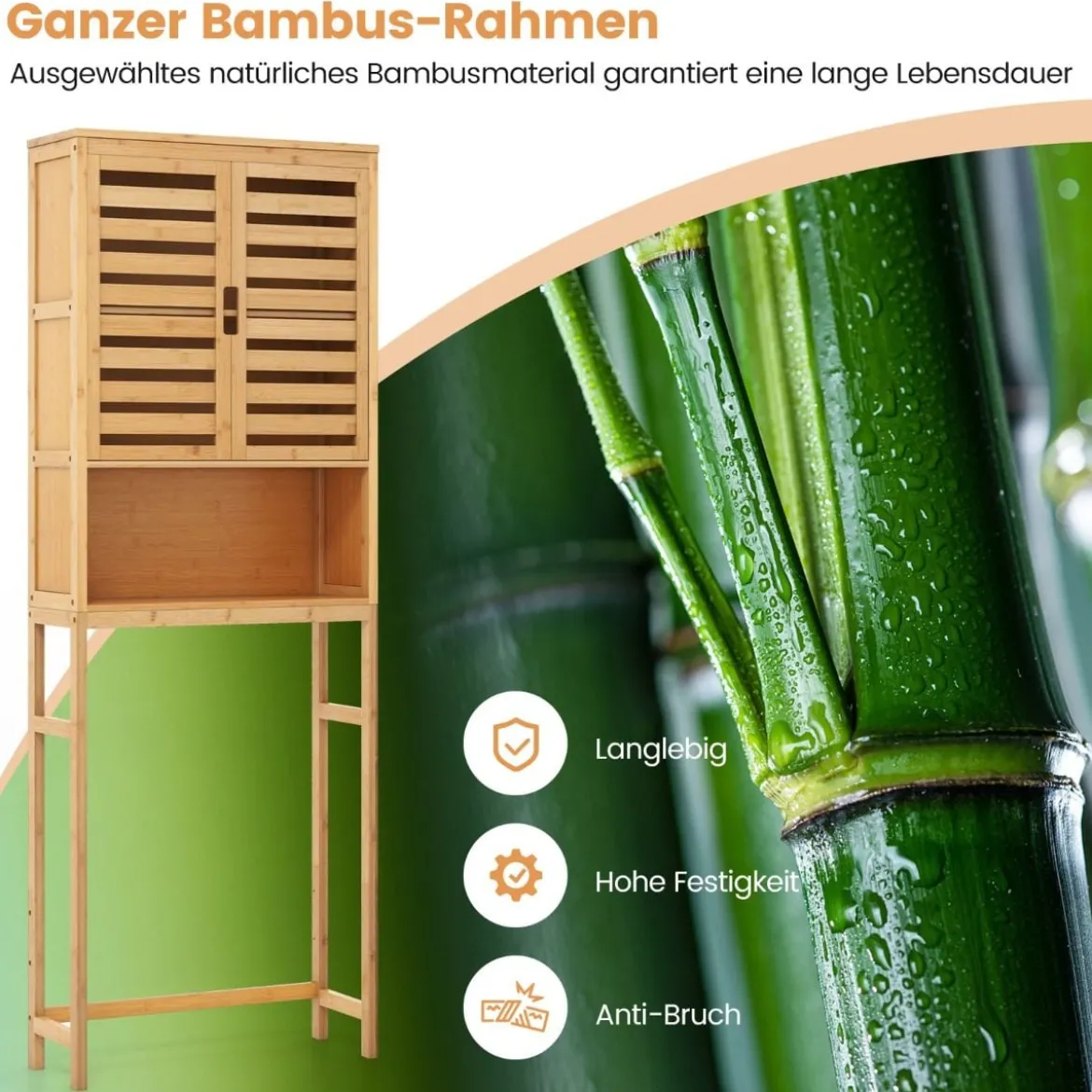 Bambus Toilettenschrank mit 2 Lamellentüren & Offenem Regal & Verstellbaren Querbalken