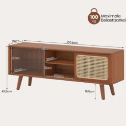 Bambus TV Schrank mit Rattan- & Glasschiebetür TV Lowboard Fernsehtisch Fernsehschrank Braun