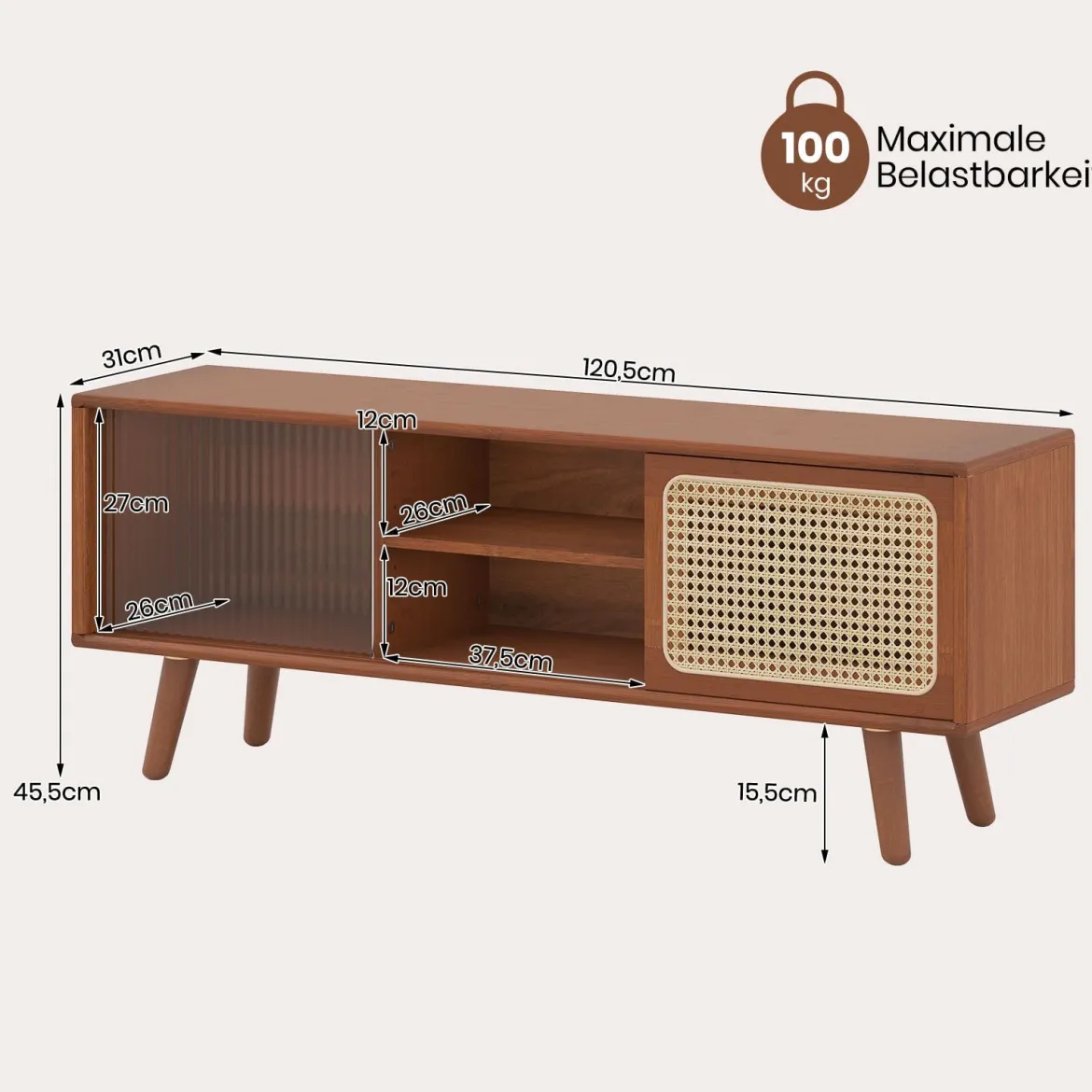 Bambus TV Schrank mit Rattan- & Glasschiebetür TV Lowboard Fernsehtisch Fernsehschrank Braun