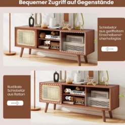 Bambus TV Schrank mit Rattan- & Glasschiebetür TV Lowboard Fernsehtisch Fernsehschrank Braun