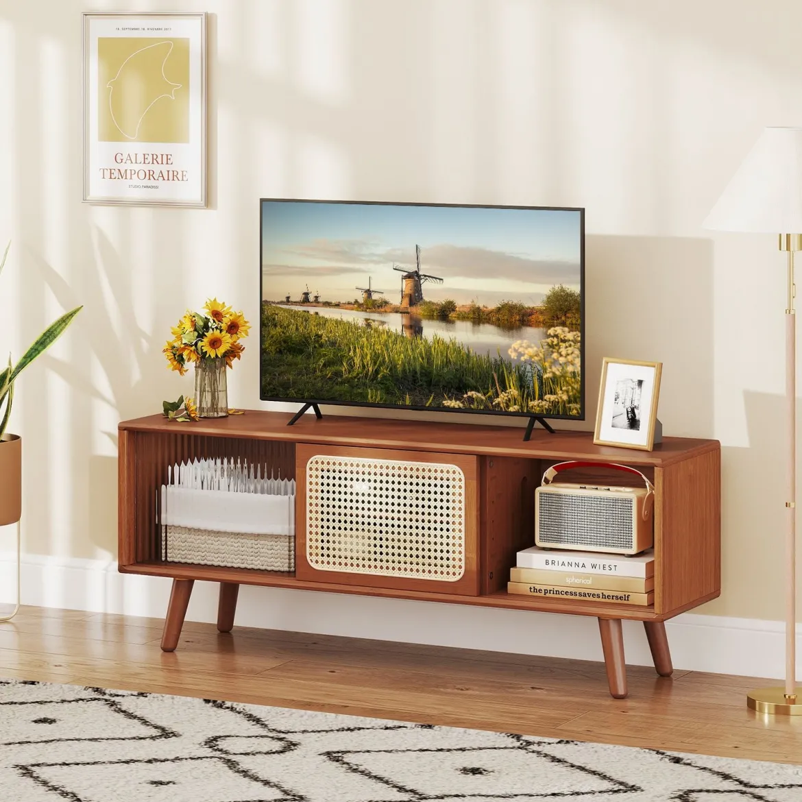 Bambus TV Schrank mit Rattan- & Glasschiebetür TV Lowboard Fernsehtisch Fernsehschrank Braun