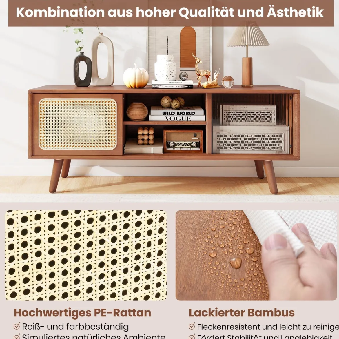 Bambus TV Schrank mit Rattan- & Glasschiebetür TV Lowboard Fernsehtisch Fernsehschrank Braun