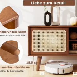 Bambus TV Schrank mit Rattan- & Glasschiebetür TV Lowboard Fernsehtisch Fernsehschrank Braun