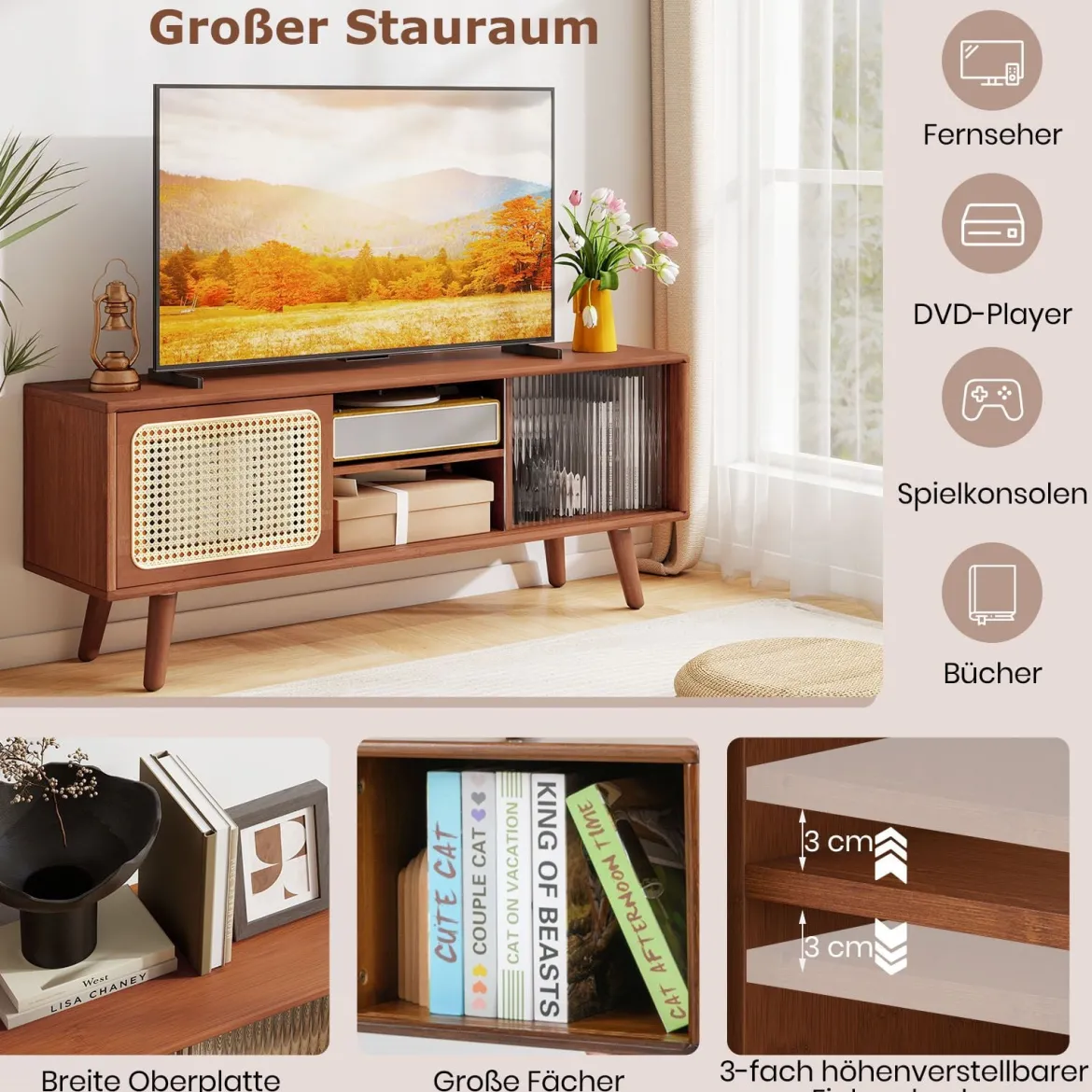 Bambus TV Schrank mit Rattan- & Glasschiebetür TV Lowboard Fernsehtisch Fernsehschrank Braun