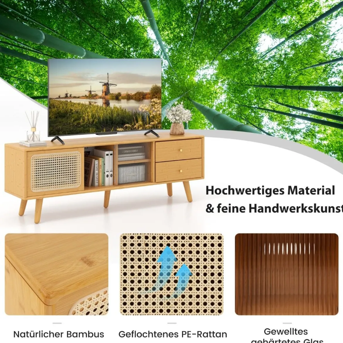 Bambus-TV-Ständer für TVs bis zu 65 " TV-Konsole im Mid-Century-Modern-Stil 140 x 31 x 45,5 cm Natur