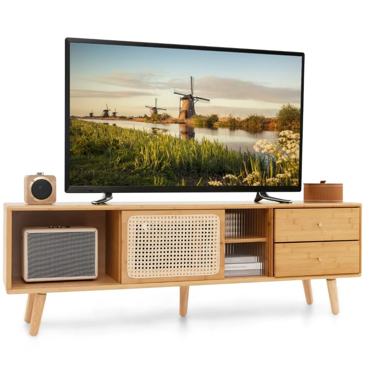Bambus-TV-Ständer für TVs bis zu 65 " TV-Konsole im Mid-Century-Modern-Stil 140 x 31 x 45,5 cm Natur