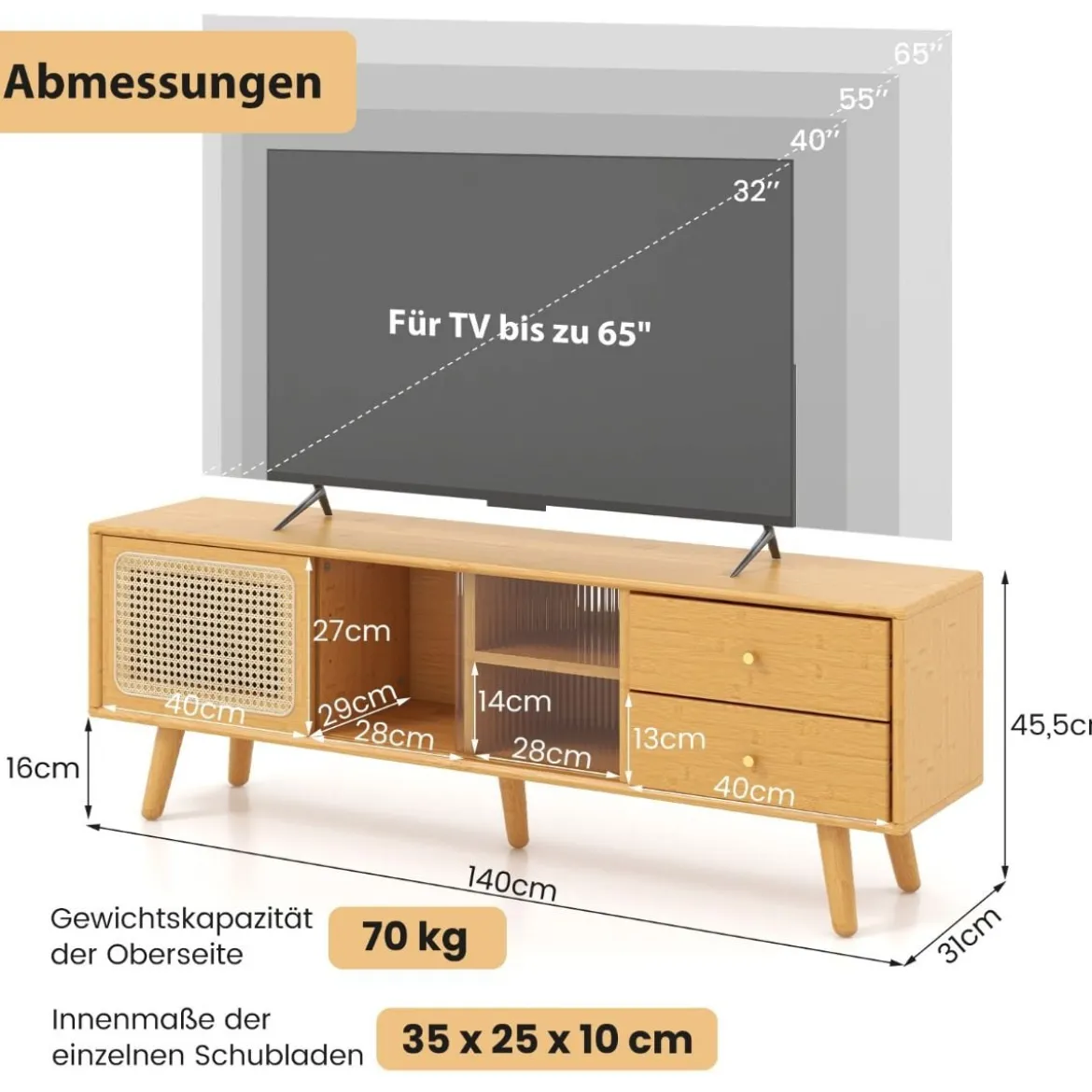 Bambus-TV-Ständer für TVs bis zu 65 " TV-Konsole im Mid-Century-Modern-Stil 140 x 31 x 45,5 cm Natur