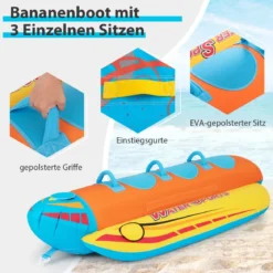 Bananenboot für 3 Personen Towable Tube mit 3 Eva-gepolsterten Sitzen und Griffen 252 x 108 x 51 cm
