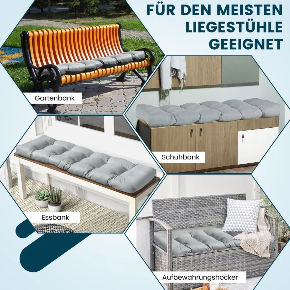 Bankauflage für Gartenbank 132 x 49 x 15 cm Sitzkissen aus PP-Baumwolle Grau