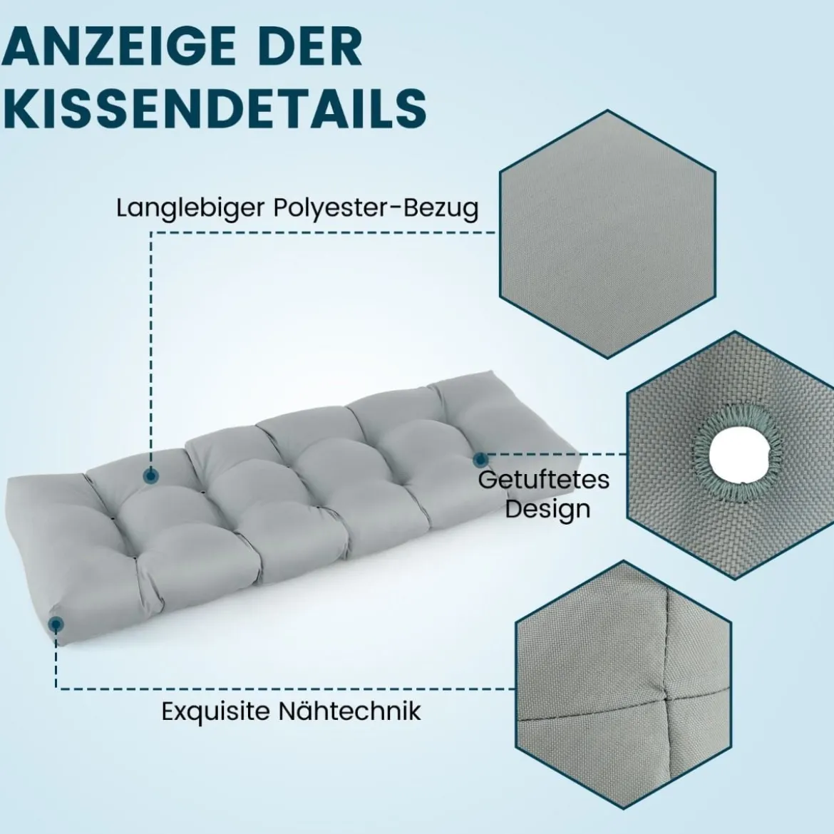 Bankauflage für Gartenbank 132 x 49 x 15 cm Sitzkissen aus PP-Baumwolle Grau