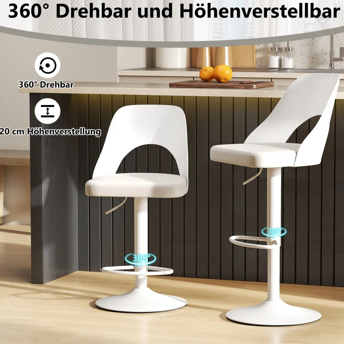Barhocker 2er Set Barstühle 360° drehbar höhenverstellbarer Drehstuhl Küchenstühle mit Kunstledersitz & Rückenlehne Weiß