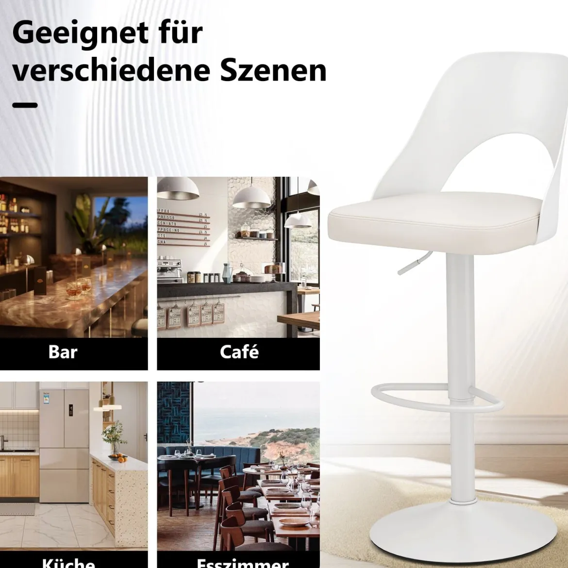 Barhocker 2er Set Barstühle 360° drehbar höhenverstellbarer Drehstuhl Küchenstühle mit Kunstledersitz & Rückenlehne Weiß