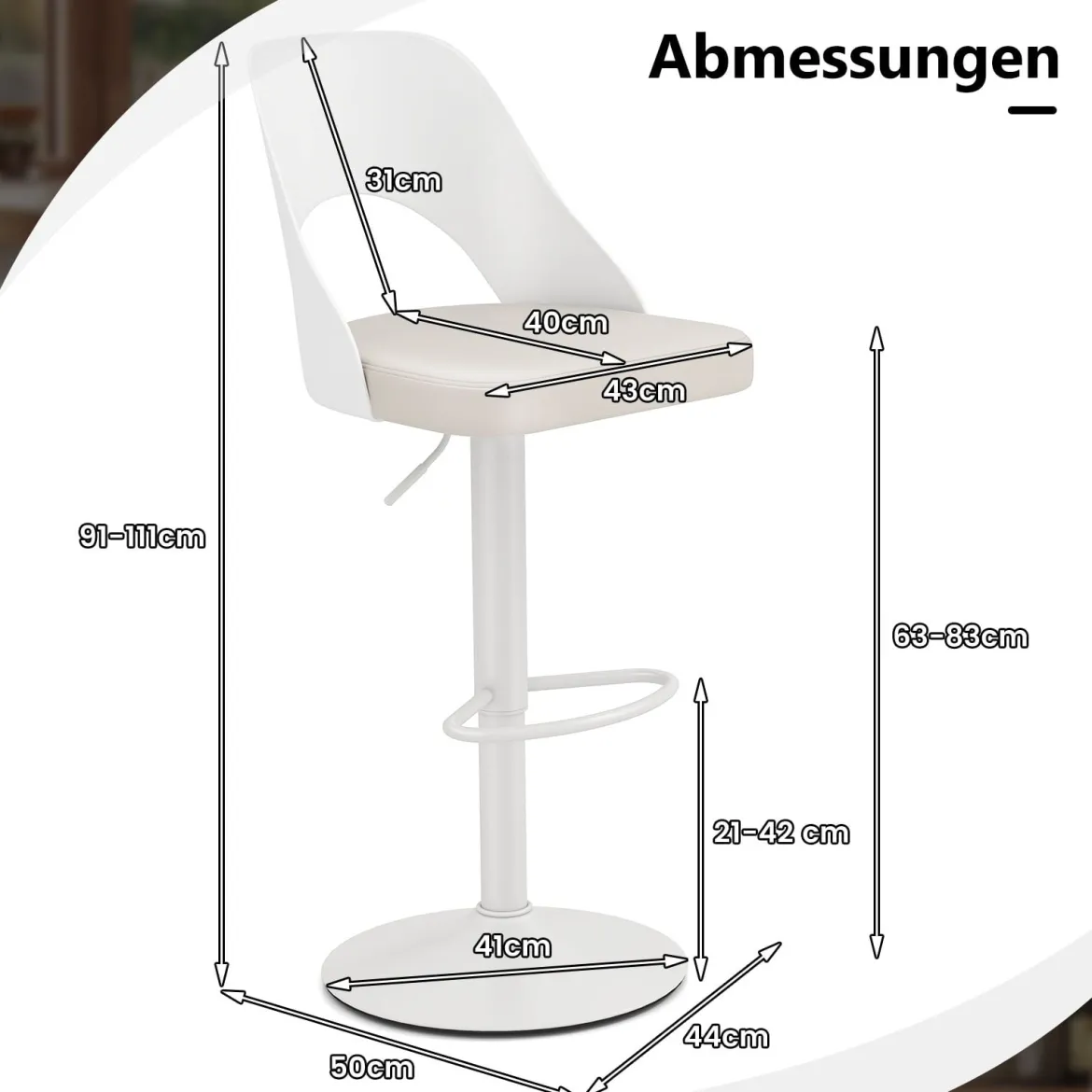 Barhocker 2er Set Barstühle 360° drehbar höhenverstellbarer Drehstuhl Küchenstühle mit Kunstledersitz & Rückenlehne Weiß