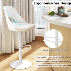 Barhocker 2er Set Barstühle 360° drehbar höhenverstellbarer Drehstuhl Küchenstühle mit Kunstledersitz & Rückenlehne Weiß