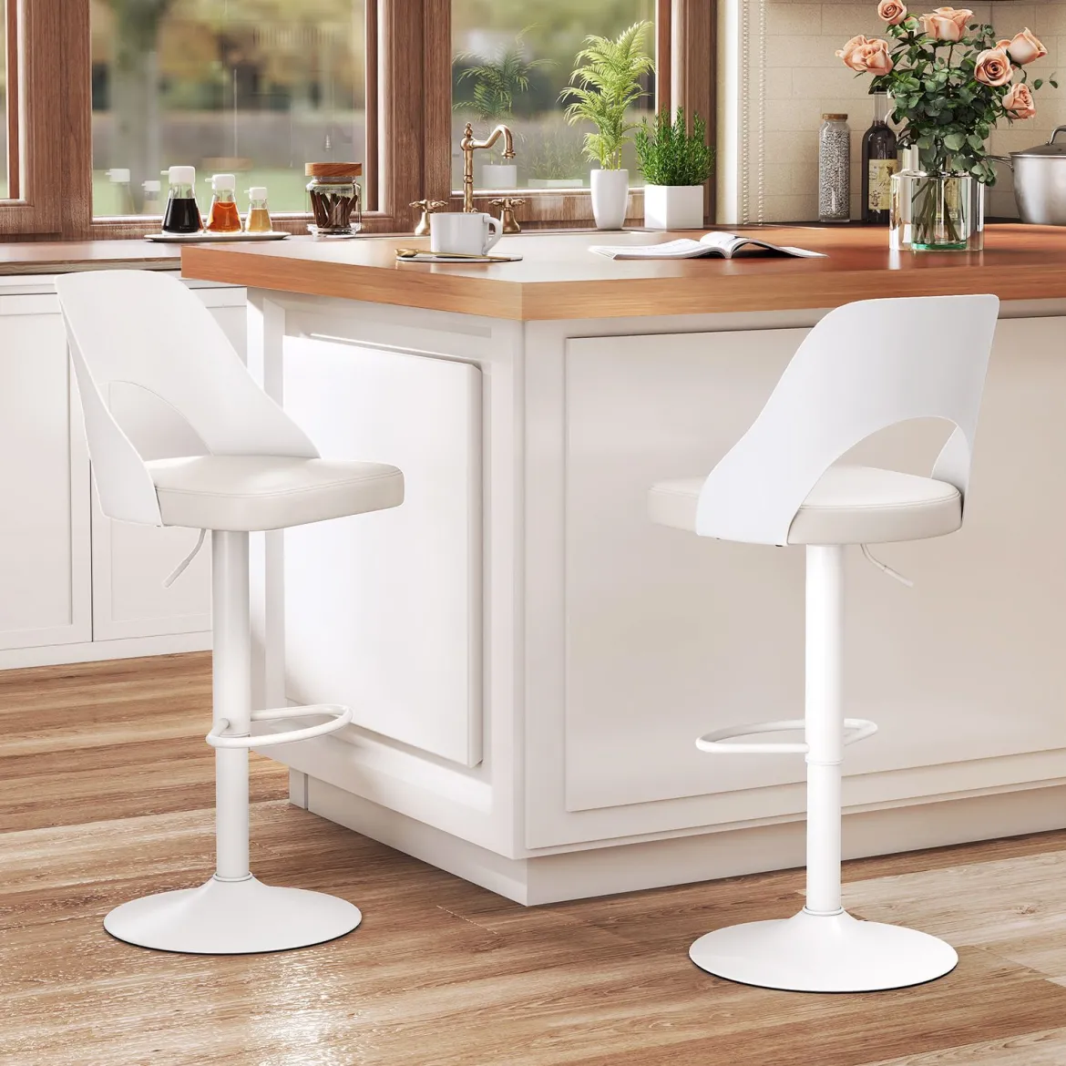 Barhocker 2er Set Barstühle 360° drehbar höhenverstellbarer Drehstuhl Küchenstühle mit Kunstledersitz & Rückenlehne Weiß