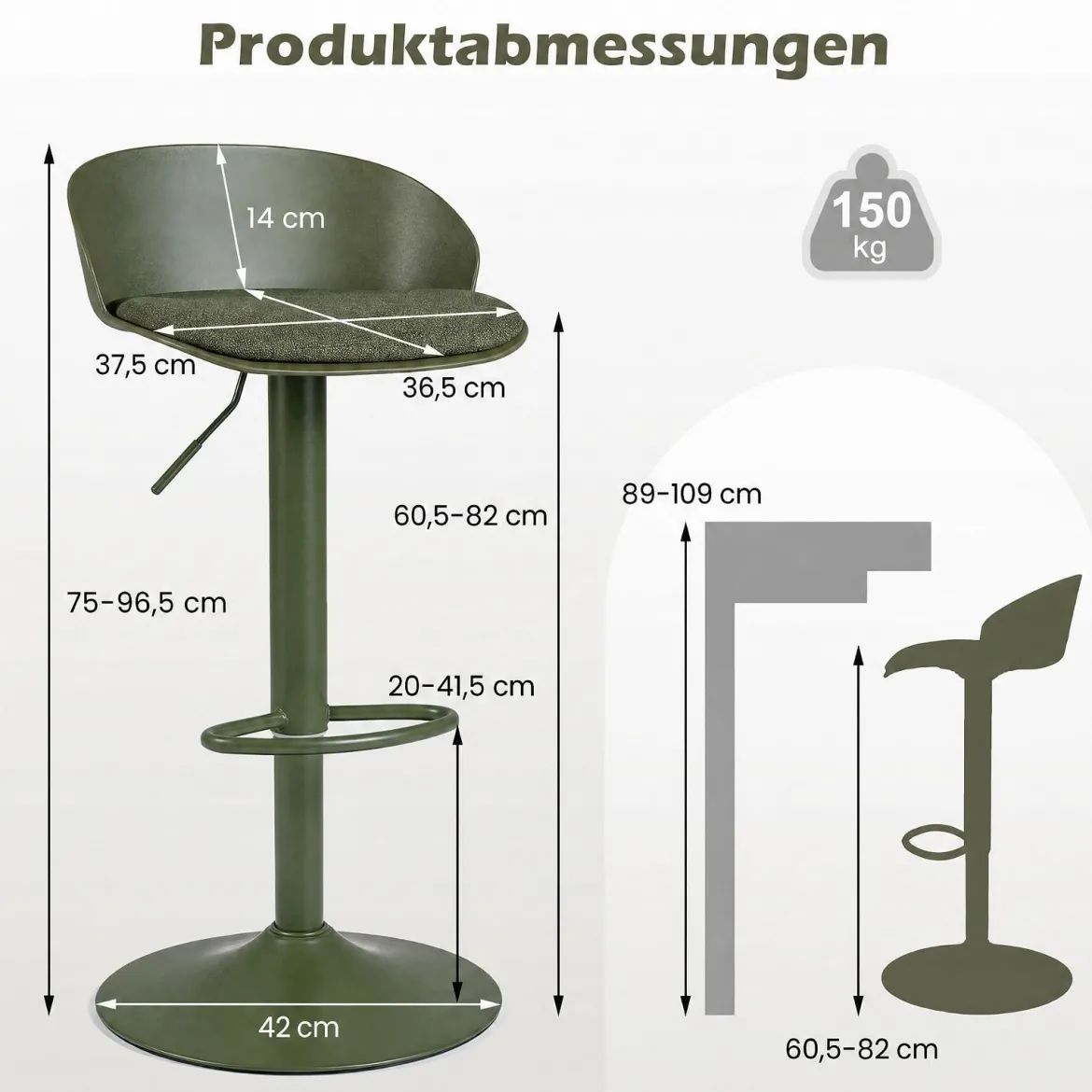 Barhocker 2er Set 360° Drehbarer Barstuhl Höhenverstellbar 150 kg Belastbar 42 x 42 x 75-96,5 cm Grün