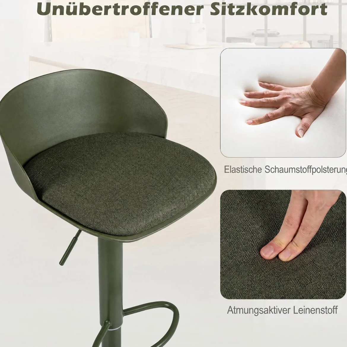 Barhocker 2er Set 360° Drehbarer Barstuhl Höhenverstellbar 150 kg Belastbar 42 x 42 x 75-96,5 cm Grün