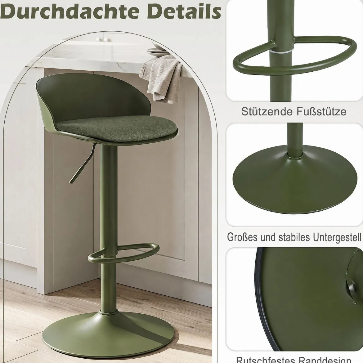 Barhocker 2er Set 360° Drehbarer Barstuhl Höhenverstellbar 150 kg Belastbar 42 x 42 x 75-96,5 cm Grün