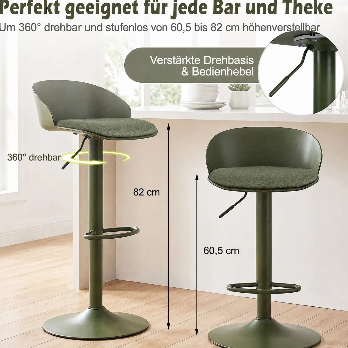 Barhocker 2er Set 360° Drehbarer Barstuhl Höhenverstellbar 150 kg Belastbar 42 x 42 x 75-96,5 cm Grün