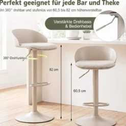 Barhocker 2er Set 360° Drehbarer Barstuhl Höhenverstellbar 150 kg Belastbar 42 x 42 x 75-96,5 cm Beige