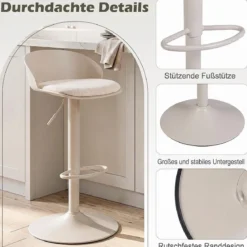 Barhocker 2er Set 360° Drehbarer Barstuhl Höhenverstellbar 150 kg Belastbar 42 x 42 x 75-96,5 cm Beige